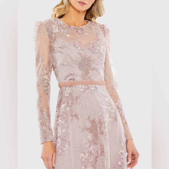 Mac Duggal 68020 NWT Embellished Illusion Long Sleeve Midi Dress in Rose - Picture 4 of 12